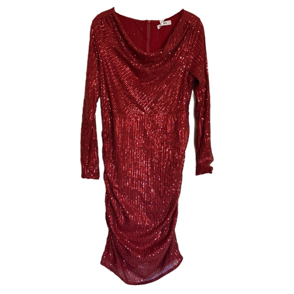 Grace Karin Sequin Bodycon Dress L Red Cowl Neck Ruched Sides Party Cocktail NEW
